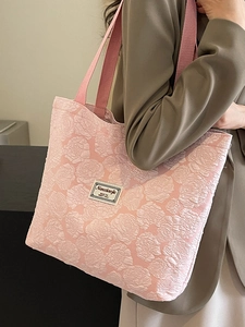 Pink rose jacquard canvas tote bag for women featuring stylish 3D floral texture