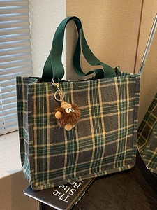 Women Plaid Canvas Tote Bag Large Capacity Commuter Shoulder Bag With Monster Charm Retro Fashion College Handbag