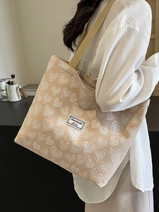 Fashion Heart Jacquard Canvas Tote Bag Large Capacity Women Shoulder Bag Daily Commute Sweet Heart Pattern Handbag