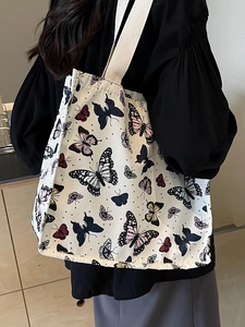 Large capacity white canvas tote bag with multi-color butterfly print for daily wear