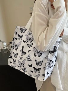 Large capacity white canvas tote bag with black butterfly prints for women