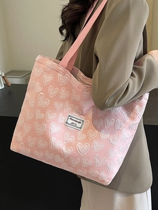 Stylish pink heart jacquard tote bag with embroidery for women’s fashion and commuting