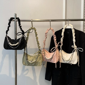 Women Fashion Pleated PU Leather Underarm Bag With Large Artificial Pearl Metal Chain Decorative Bow Handle Shoulder Bag Handbag