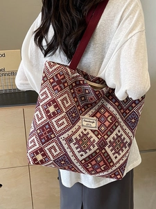 Grand sac cabas en toile style ethnique avec motif tissé géométrique pour femme