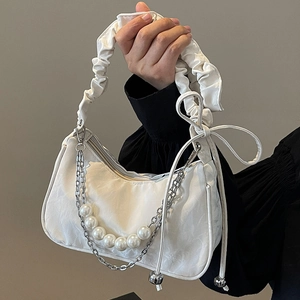 White ruched underarm bag with large pearls and silver chain detail for women