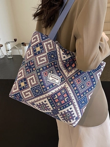 Sac cabas tissé style ethnique à grande capacité pour femme avec motifs géométriques