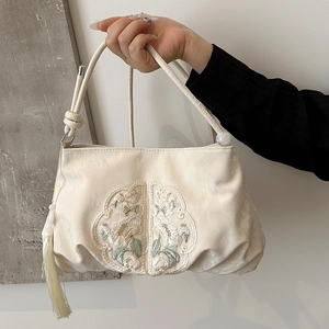 Sac bandoulière élégant de style chinois crème avec broderie florale et gland décoratif