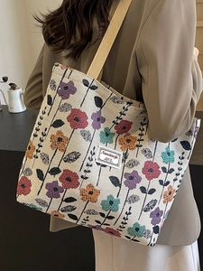 Floral jacquard canvas tote bag with large capacity for daily commuting and school use