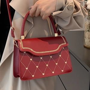 Fashion Women Shoulder Bag PU Leather Heart Rhombic Embroidery Flap Crossbody Bag Wavy Edge Handbag With Adjustable Strap