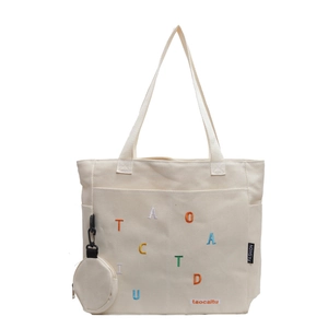 Grand sac cabas en toile blanc cassé avec broderie colorée et mini pochette latérale