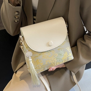 Sac bandoulière élégant de style chinois avec broderie blanche et pompons pour femme