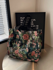 Ethnic style floral jacquard tote bag with large capacity and black canvas handles