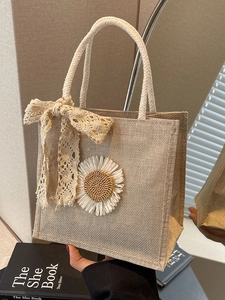 Chic beige canvas lunch tote bag with white daisy flower and lace bow detail