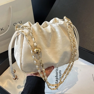 Women Ruched PU Cloud Shoulder Bag Elegant Gold Ball Chain Drawstring Crossbody Bag Versatile Solid Color Bucket Bag Fashion Accessory