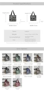 Size chart for knit tote bags showing large and small dimensions in centimeters