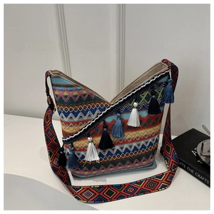 Detail van een boho geweven draagtas met kleurrijke kwastjes en geometrische riem