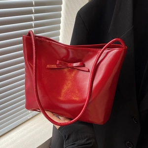 Women Fashion Glossy PU Leather Shoulder Bag With Chic Bow Decor Solid Color Hobo Handbag Trendy Elegant Underarm Purse
