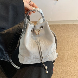 Women's Drawstring Bucket Bag Wrinkled Texture Backpack Butterfly Metal Ornament Artificial Pearl Charms PU Leather Shoulder Bag