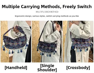 Bohemian crescent bag shown in three ways including crossbody and shoulder carry styles
