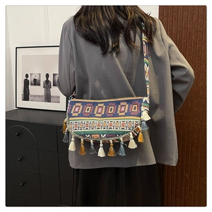 Detail of bohemian woven shoulder bag with colorful tassels and geometric patterns