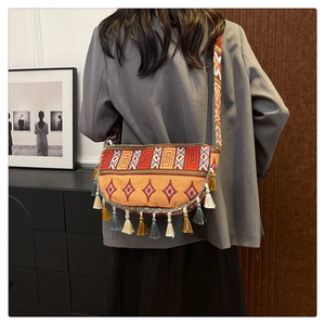 Detailed view of bohemian crossbody bag with colorful tassels and geometric embroidery