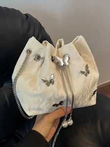 Fashion Butterfly Pleated Drawstring Bucket Bag For Women Elegant Chain Shoulder Bag With Artificial Pearl Pendant Versatile Crossbody Bag