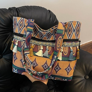 Women Ethnic Style Canvas Tote Bag Bohemian Geometric Pattern Large Capacity Tassel Shoulder Bag Handbag For Daily Travel