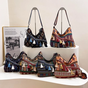 Ethnic bohemian large capacity tote bag with geometric patterns and colorful tassels
