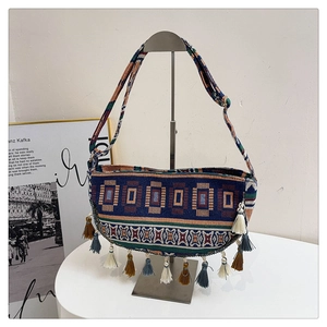 Close-up of colorful geometric woven textures and multi-color fringe tassels on the bag