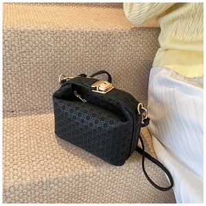 Close-up of black woven handbag featuring a premium gold clasp and fine mesh texture