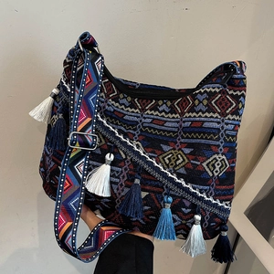 Ethnic bohemian large capacity shoulder bag with jacquard weave patterns and tassels