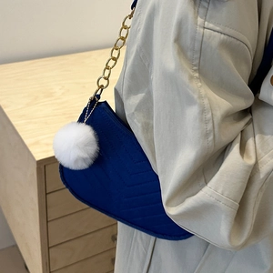 Korean Style Felt Underarm Bag For Women Trendy V-Quilted Shoulder Bag With Pom-Pom Metal Chain Casual Hobo Handbag