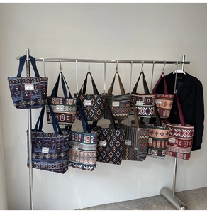 Detailed collection of bohemian tapestry tote bags with geometric jacquard patterns