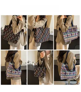 Detailed views of vintage ethnic geometric tote bag in multi-color woven canvas