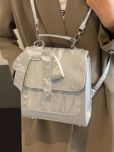 Women Metallic Crumpled Bow Shoulder Bag Stylish PU Leather Small Square Backpack Crossbody Handbag Fashion Bowknot Daily