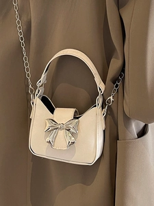 Women Bowknot Handbag PU Leather Mini Crossbody Bag Sweet Cool Style Trendy Metal Chain Strap Small Square Bag