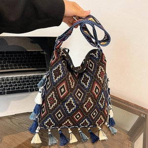 Bohemian large capacity woven tote bag with fringe tassels and ethnic patterns