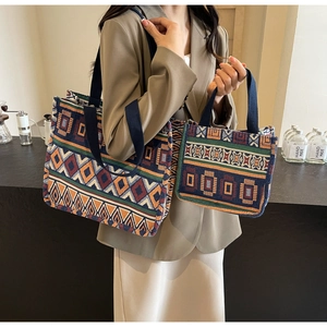 Detailed comparison of large and small ethnic woven tote bags with geometric patterns