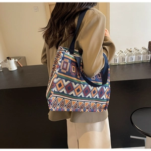 Detailed texture of geometric woven tote bag with durable jacquard patterns and wide strap