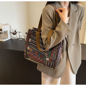 Close-up of geometric jacquard pattern and woven shoulder strap on the retro tote bag