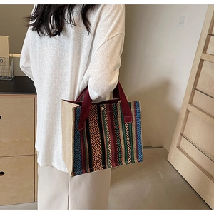 Close-up of ethnic tote bag showing colorful geometric patterns and durable canvas texture