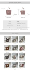 Guide des tailles et détails des sacs fourre-tout en tissu avec divers motifs floraux