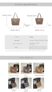 Detailed size guide and specifications for bohemian canvas tote bags in large and small sizes