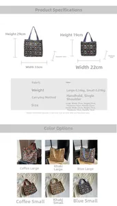 Detailed size chart for bohemian canvas tote bags showing large and small dimensions