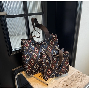 Detailed view of two jacquard tote bags in varied sizes with ethnic geometric patterns