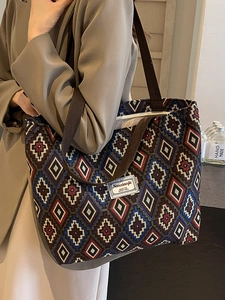 Vintage large capacity canvas bucket bag with colorful geometric patterns for women