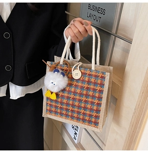 Checkered linen mini tote bag with white rope handles and cute plush duck charm detail