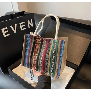 Detail of colorful geometric woven pattern canvas tote with white cotton rope handles