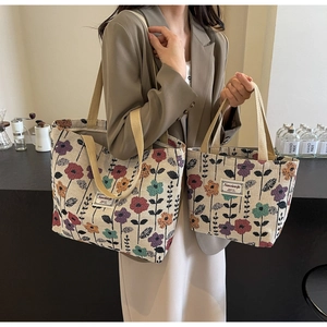 Detail view of large and small floral jacquard tote bags in a stylish cafe setting
