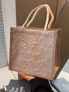 Women Vintage Rose Embossed Jacquard Mini Tote Bag Linen Jute Handbag With Rope Handle And Wood Button Floral Lunch Bag